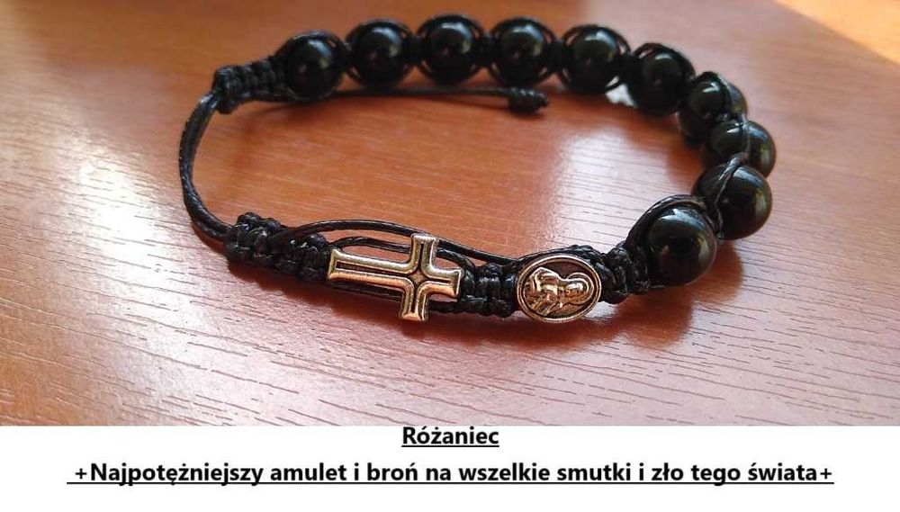 Męski różaniec mocna bransoletka na rękę z krzyżykiem i Matką Bożą Wojownicy Maryi+