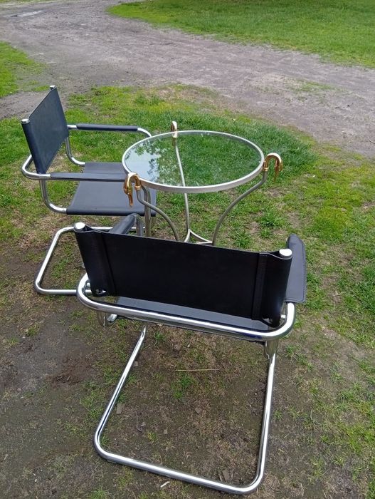 Krzesła Bauhaus skóra, chrom 2 szt.+ stolik