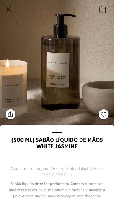 (500 ML) Sabão Liquido de Mãos WHITE JASMINE Zara Home NOVO