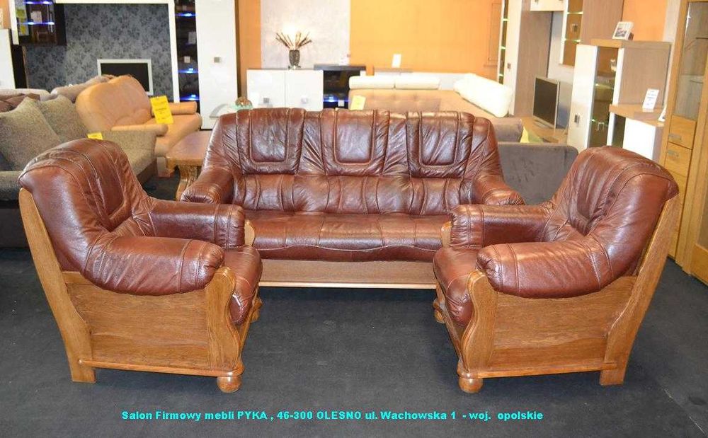 Nowy Komplet 3+1+1 ROMA , SKÓRA NATURALNA + Dąb, -25% MEBLE PYKA