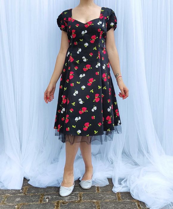 Sukienka Joe Browns midi 48 4XL plus size retro pin up czarna kwiaty