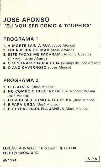 José Afonso	- - - - -		Eu Vou Ser Como a Toupeira	- - - - -	K7