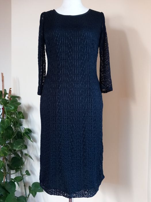 koktajlowa granatowa elegancka koronkowa midi sukienka 40/L rękawy 3/4