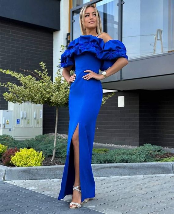 Sukienka chabrowa długa pióra piórka 42,44 marina maxi wieczorowa nowa