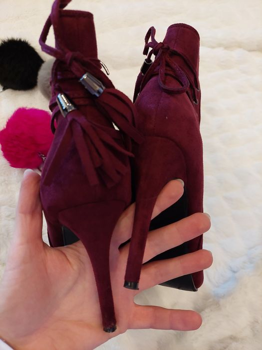 Piękne bordowe botki 38 zamsz lekko ocieplane szpilka