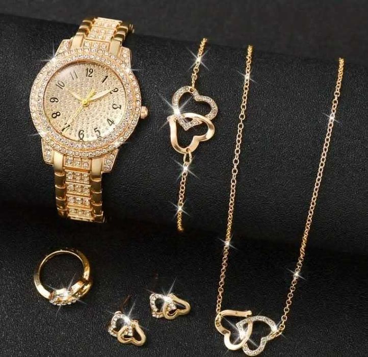 Conjunto de Bijuteria Dourada com Relógio em Strass & Corações [NOVO]