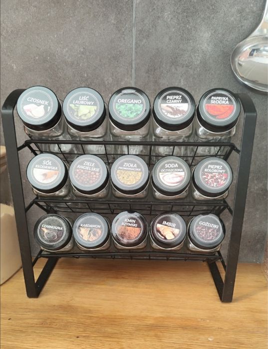 Przyprawnik stojak metalowy 15 słoiczków 120 ml 200 etykiet