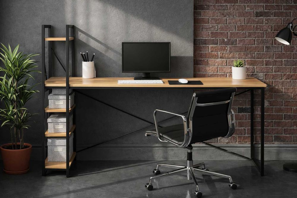 NOWE Biurko Loft Gamingowe Biurowe Jasny Dąb z Półkami 120x60 cm FV