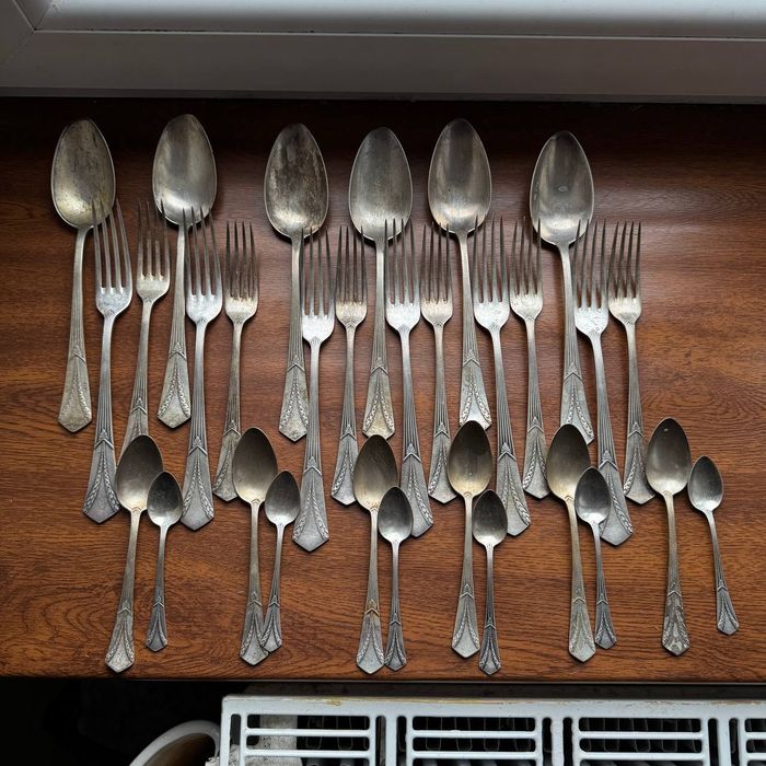 Sztućce przedwojenne Plewkiewicz Warszawa Srebrzone Piękny Wzór