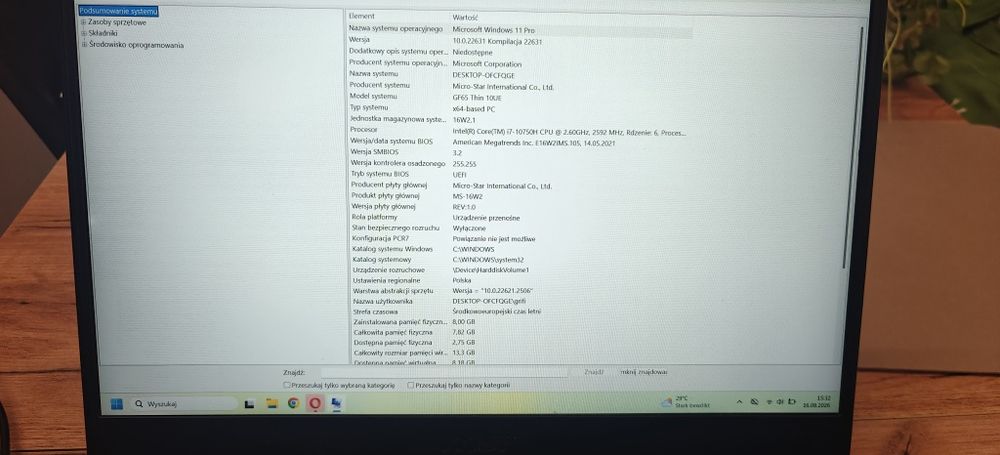 MSI gf65 THIN 10 UE i7
