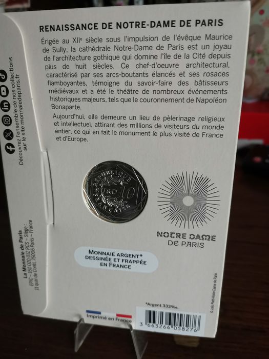 Moeda 10€ França 2025, em prata 333° - Notre-Dame