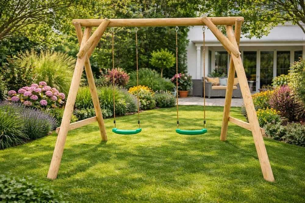 Huśtawka ogrodowa drewniana z bali BARTEK – solidna od PRODUCENTA