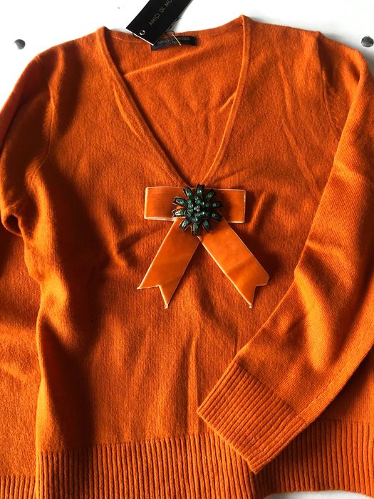 Nowy pomarańczowy wełniany sweter broszka kokarda wełna