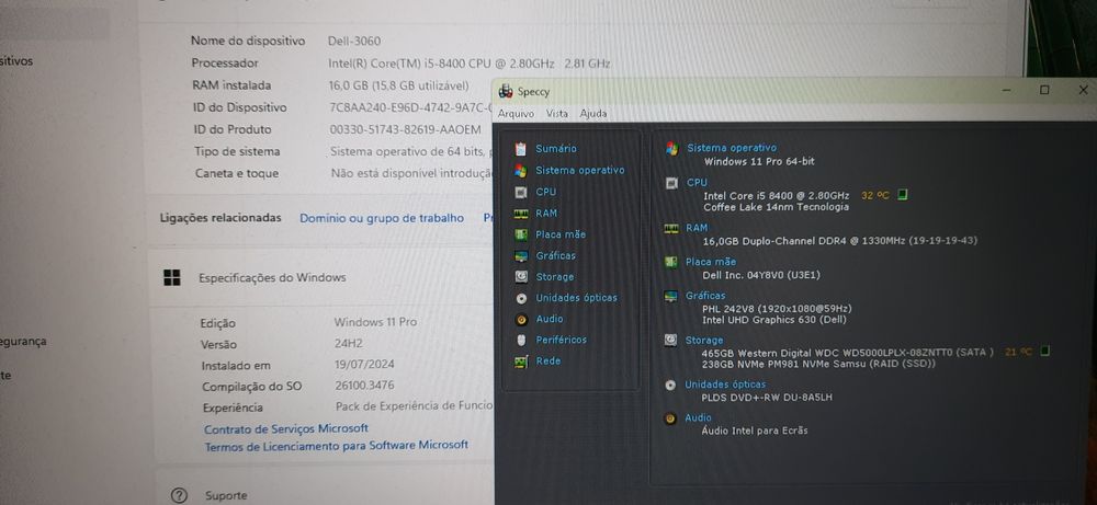 Pç DELL 3060 8ªG.|i5.8500-4.0G|16G|HDMI|NVMe256+HD500|5G+BT|TPM2.0|W11