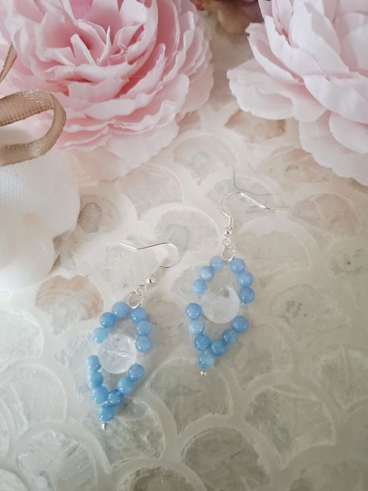 Kolczyki handmade srebro z naturalnych kamieni akwamaryn kryształ górs