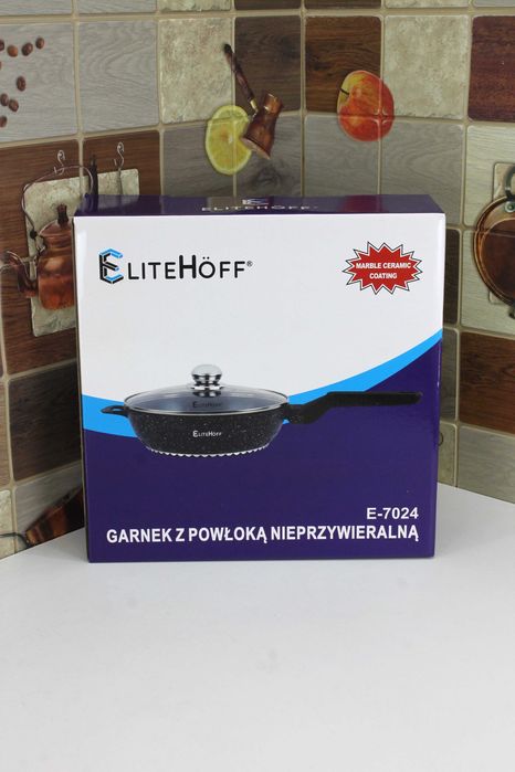 Solidna Głęboka Patelnia 28cm z pokrywą EliteHoff E7024 czarna