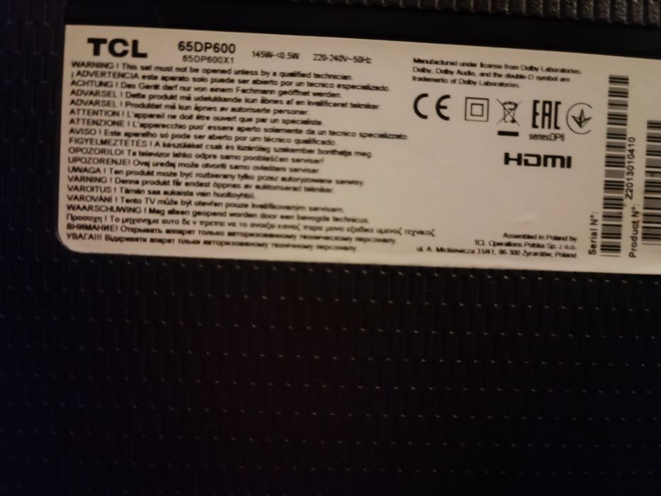 Smart TV TCL 65" (65DP600) – APENAS PARA PEÇAS (Ecrã Partido Internamente)
