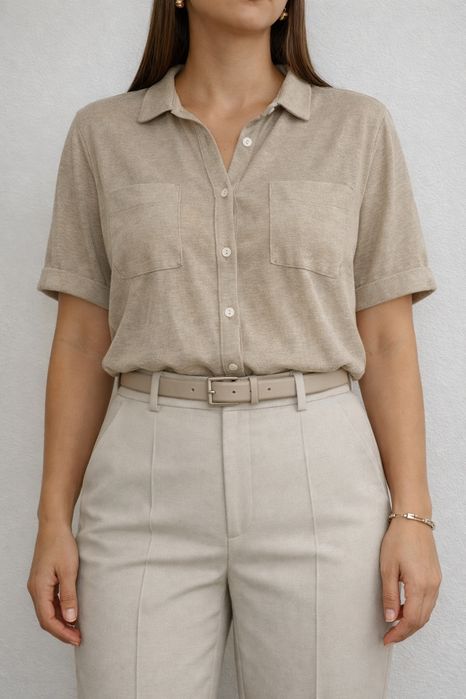 Camisa Bege Texturizada de manga curta - Cortefiel - Tamanho L