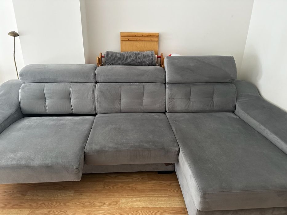 Sofá Chaise Longue Cinzento com Baú e Assentos Extensíveis