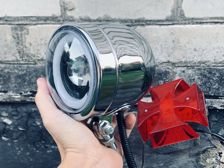 Фара лед хром мотоцикл/ фара Angel Eyes лед/стопсигнал хрест/габарити