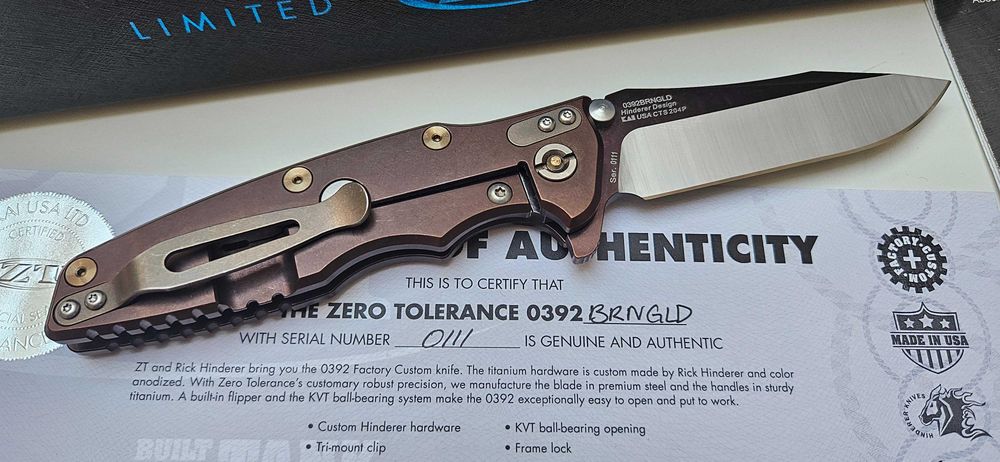 Nóż Zero Tolerance ZT0392BRNGLD Limited Edition Factory Custom Rick Hinderer Wrocław