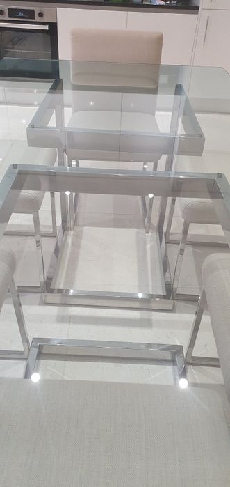 Mesa de Jantar Design em Vidro Temperado e Inox + 6 Cadeiras – Excelente Estado