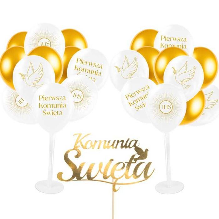 Balony na Komunia Święta Stojaki Topper na tort Zestaw