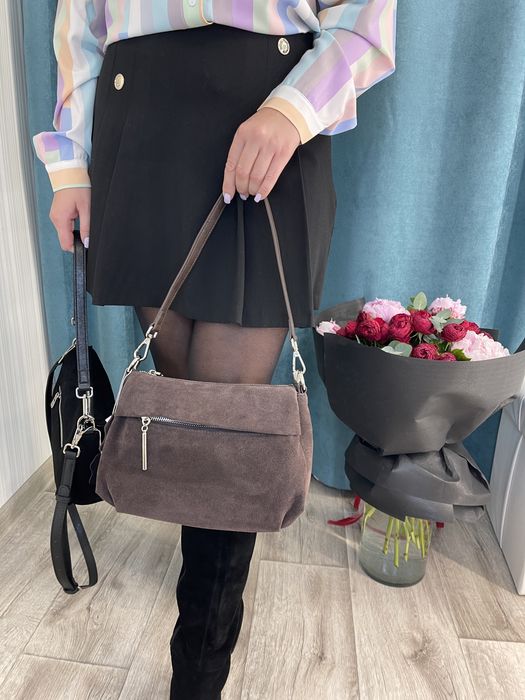 Женская сумка замш через плечо шоколад,черный Жіноча сумка замш