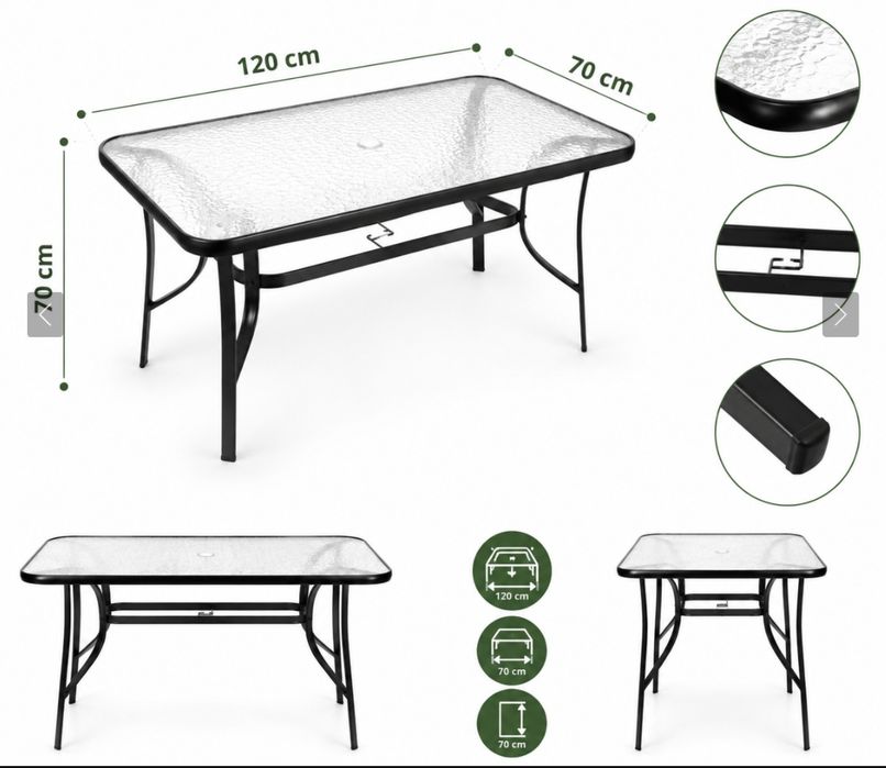 Stół / stolik ogrodowy tarasowy szklany blat 120 × 70 cm – 6 osób – czarny