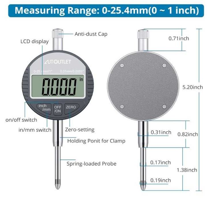 Cyfrowy czujnik zegarowy 0-25mm z podstawą magnetyczną AUTOUTLET