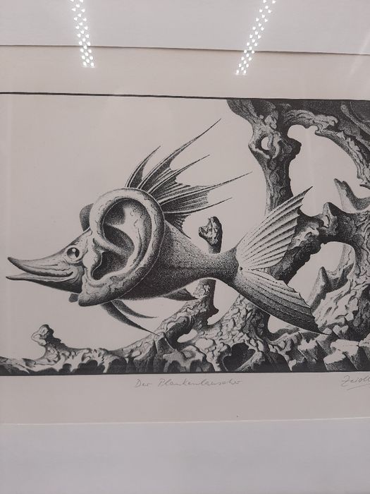 Obraz litografia Hans Joachim Zeidler ryba z uchem surrealizm 1973