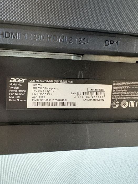 Monitor Acer XB273K GP 27", 4K, 144Hz, NVIDIA G-SYNC™ Compatible
