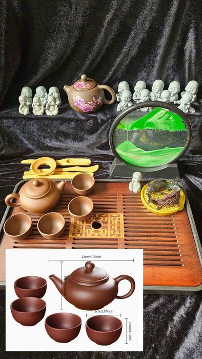 Подарки для чайной церемонии. Стол, чайник, чашки, чайные фигурки и тд