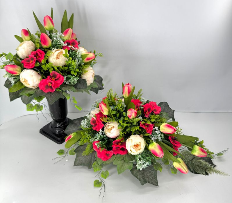Komplet na grób wiosenny stroik i bukiet tulipany bratki peonie