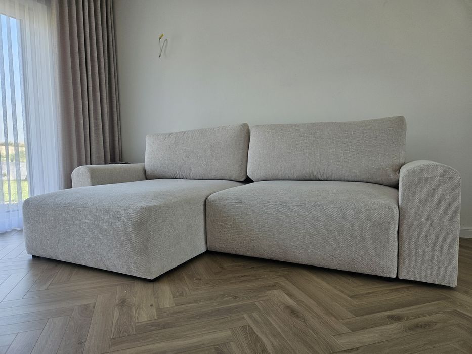 Narożnik z funkcją spania, kremowy szenil