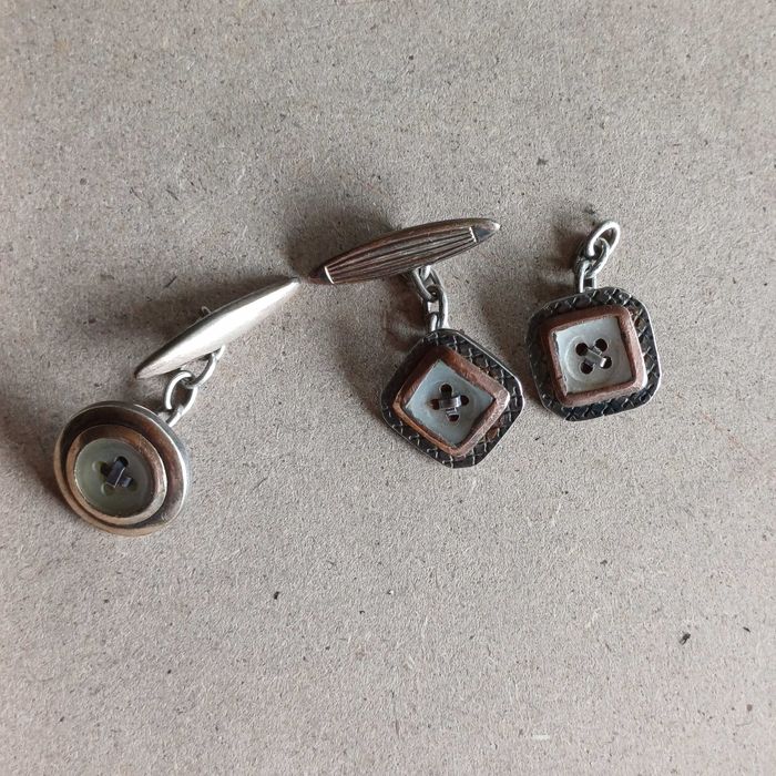 botões de punho vintage, em prata, ouro e madre pérola