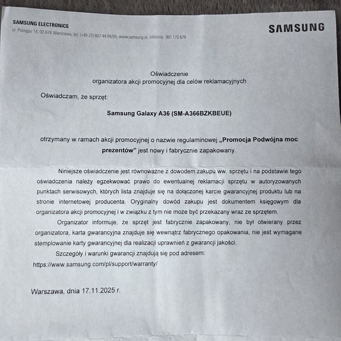 Samsung A36 128GB fabrycznie zapakowany, gwarancja PL do 11.2027