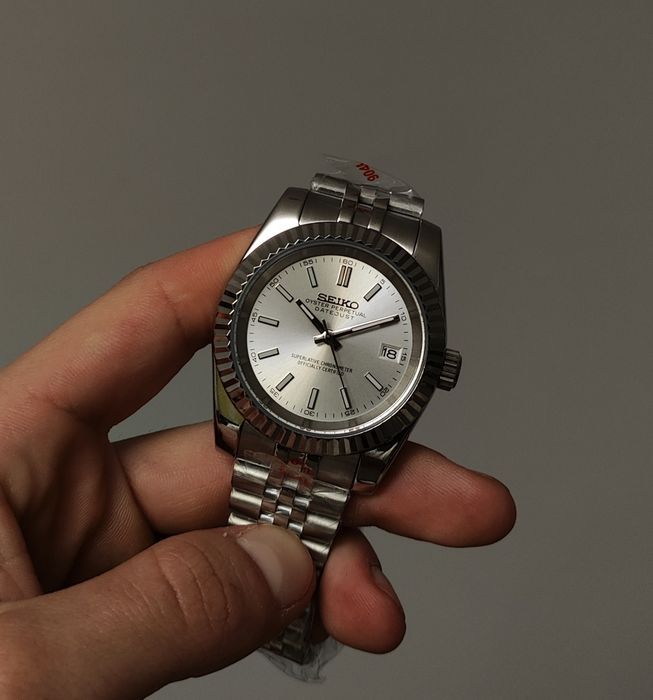 Seiko MOD Datejust Srebrny Biały No Date Lupe Custom Personalizowany Zegarek Męski MEN Jubilee Stalowy