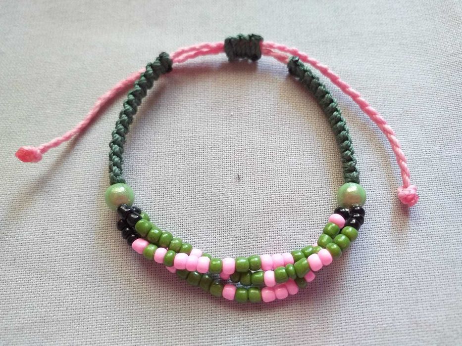 Pulseira em Macramê Código Morse Sobriedade Verde e Rosa
