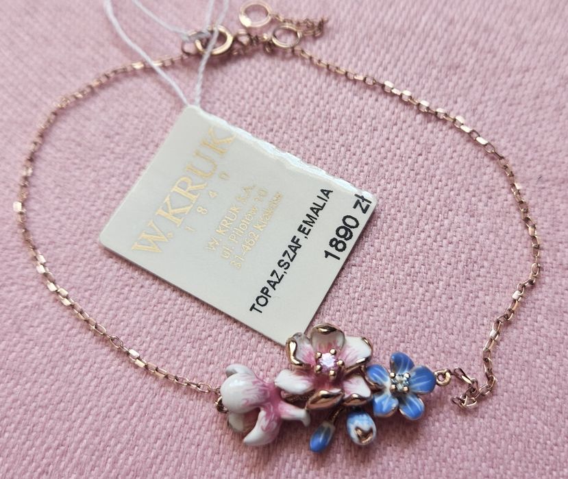 bransoletka złota W.Kruk kwiaty nocy różowe złoto emalia topaz szafir