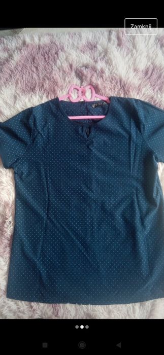 Bluzka elegancka,granatowa, małe groszki, guziczek, L/XL
