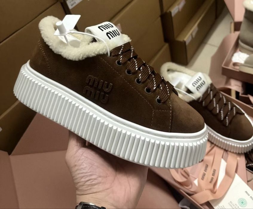 Кеди miu miu зимові  хутро коричневі беж Міу Міу