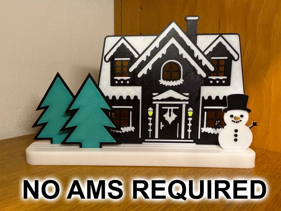 Winter House with Trees and Snowman