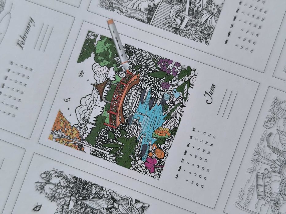 Kalendarz ścienny 2026-kolorowanka markerami,DIY typ Art Therapy (nowa