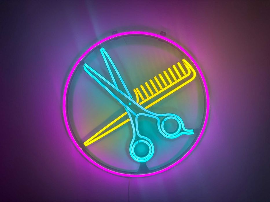 Неонова вивіска "Ножиці гребінець" багатокольорова, 500*500 мм