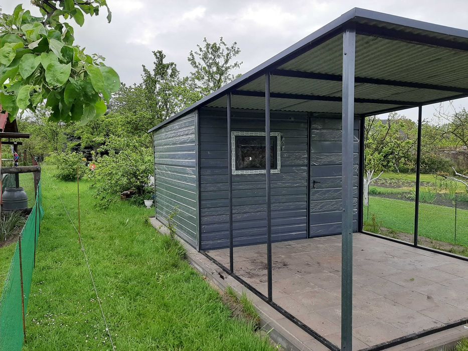 Domek Narzędziowy z Wiatką Schowek Ogrodowy Drewutnia