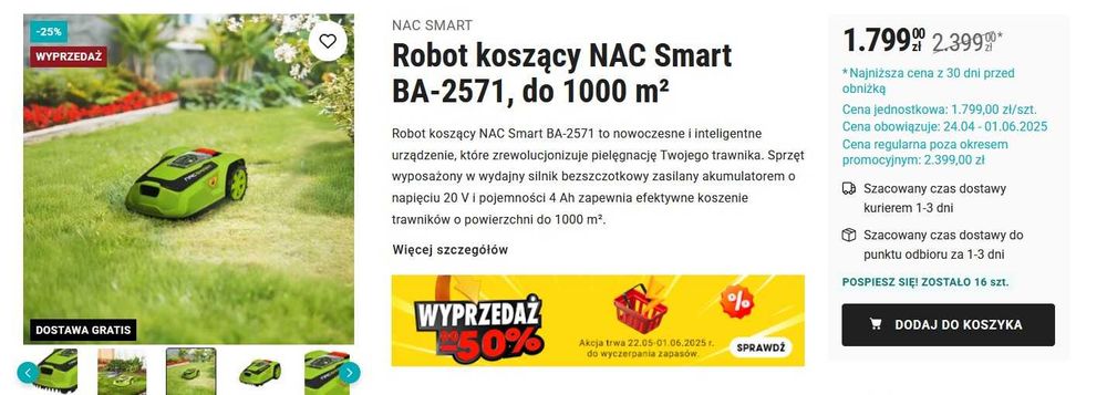 Robot koszący NAC Smart BA-2571, do 1000 m²
