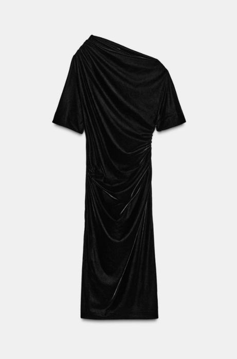 Aksamitna czarna asymetryczna sukienka midi Zara XS S