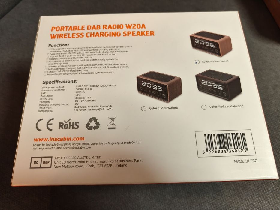 Radio cyfrowe DAB+ Inscabin W20A głośnik Bluetooth ładowarka Qi