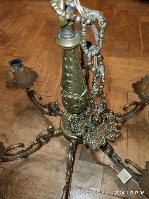 Żyrandol mosiężny, PRL vintage retro, 6 ramienny